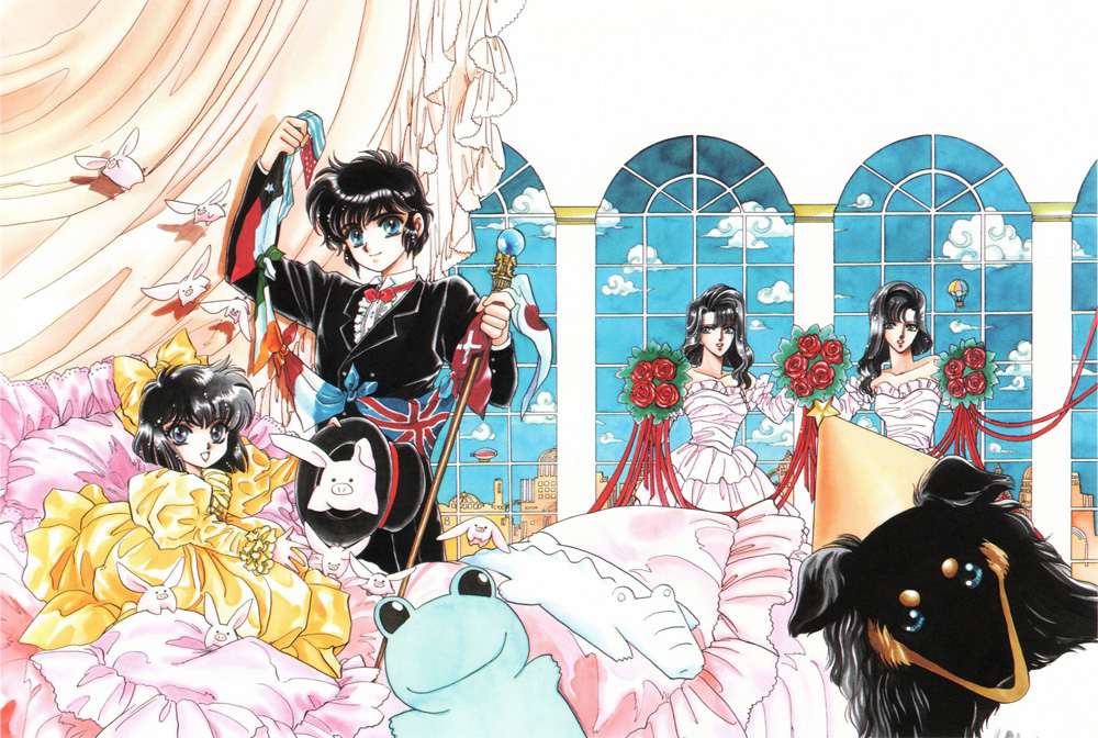 An illustration by CLAMP of the main characters in their series Man of Many Faces.