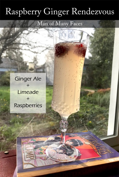 A photo of a yellow-ish drink in a champagne flute, with raspberries floating at the top. A backyard is visible out the window behind it, and overlay text lists the name of the drink, the series it's inspired by, and the main ingredients.