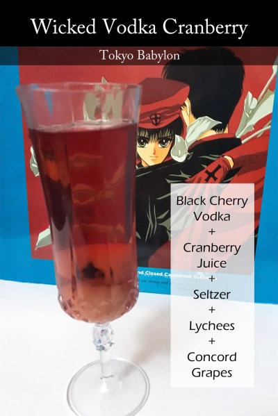Photo of a red drink with what looks like a fake eyeball in it, with an image of Tokyo Babylon behind it. Overlay text displays the drink name and ingredients.